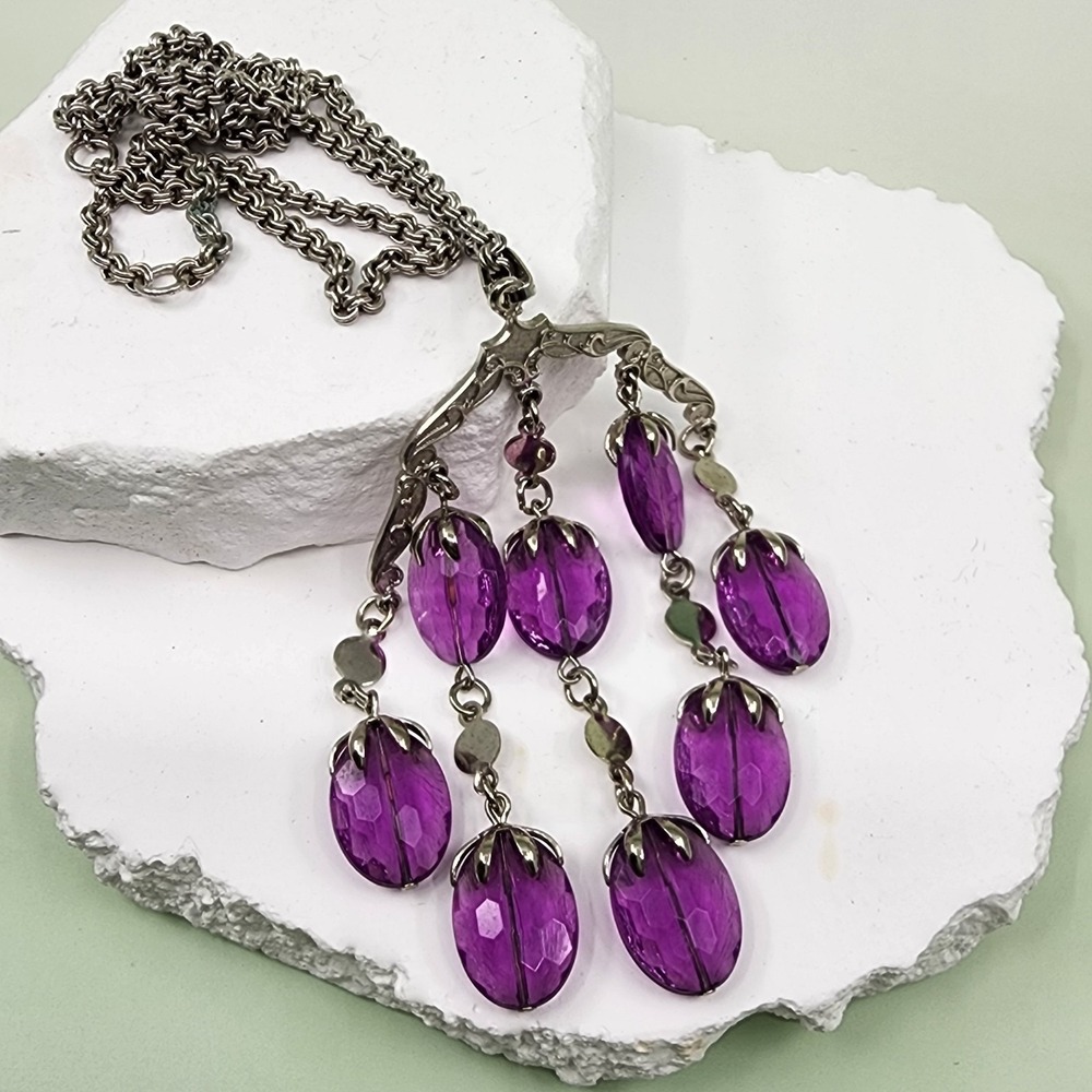 Sarah Coventry Purple Faceted Bead Chandelier Necklace Silver Tone Statement